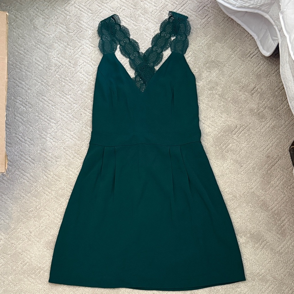 Sezane Dark Green Lace V-Neck Mini Dress